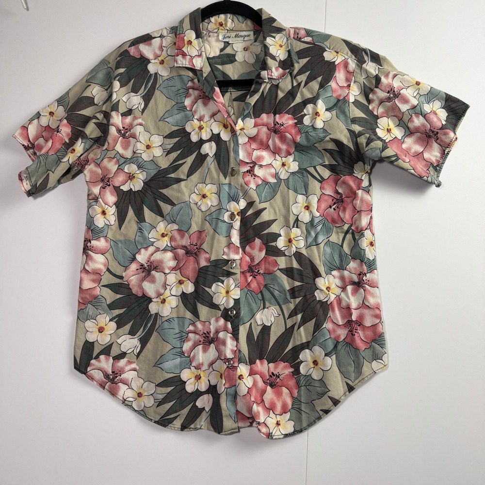 Vintage Jeri Marque Floral Button Down Shirt Cotton Tropical Pink Green Sz 12